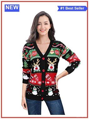 Ugly Christmas Cardigan Soft Acrylic Knit V-Neck Button Loose Oversized Holiday